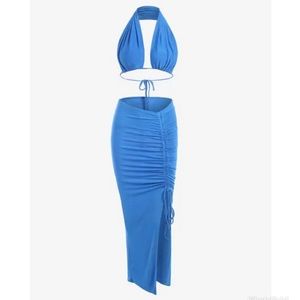 Halter Jersey Cinched Ruched Two Piece Dress - Blue M